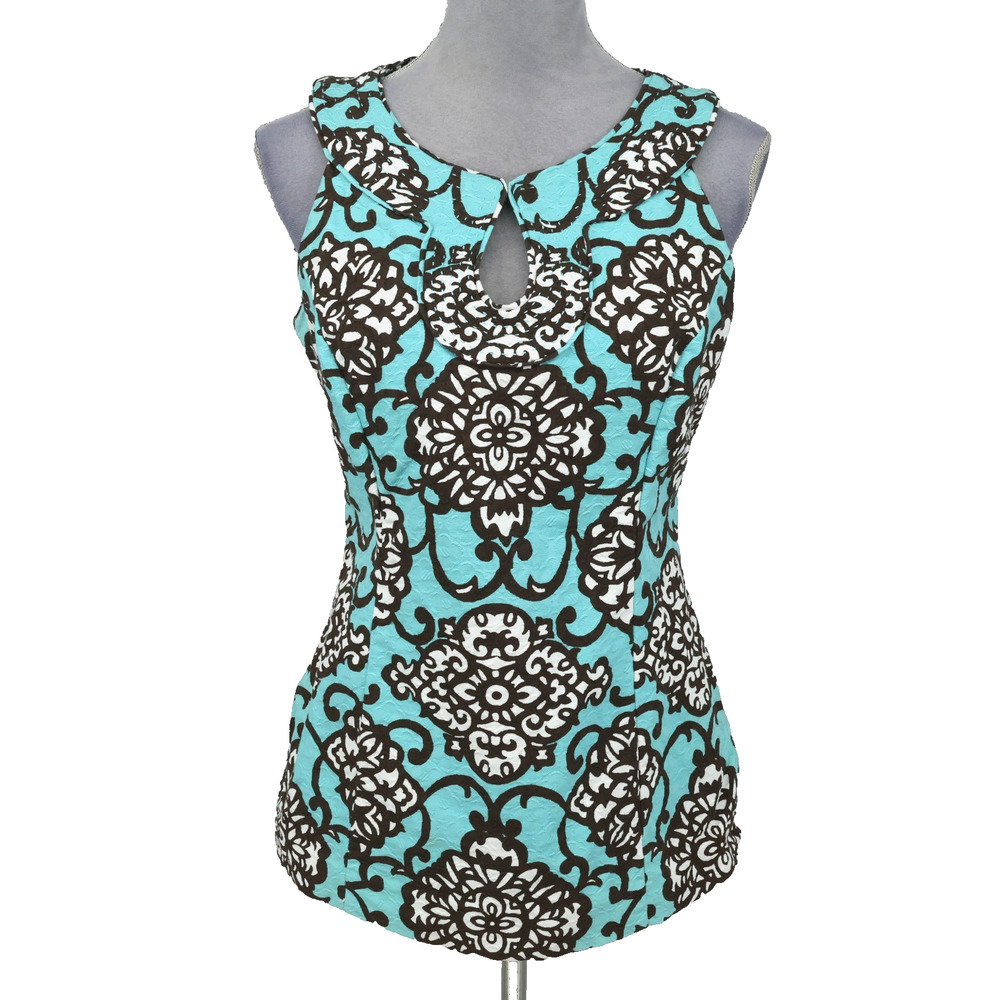 Harolds Top Womens 8 Blue Brown Floral Cotton Lined Blouse Fitted Sleeveless
